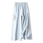 Women's Summer Retro Ethnic Style Embroidered Cotton Linen Solid Color Elastic Waist Loose Straight Wide-Leg Pants Blue